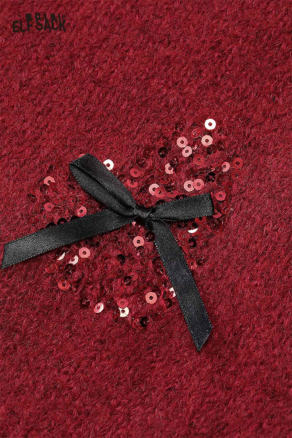ELFSACK 3D bow embellished cropped sweater featuring a stylish sequin design in a rich burgundy color