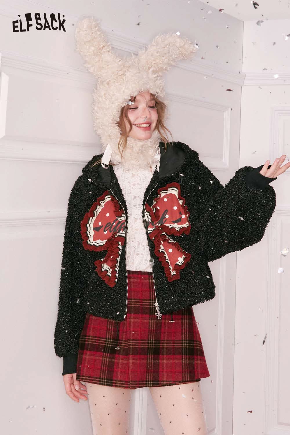 ELFSACK 3D bow glitter plush jacket with unique design and cozy fit for stylish winter wear