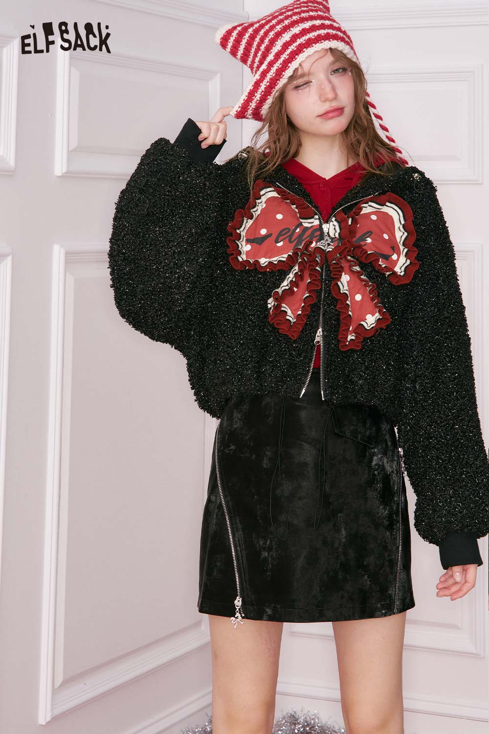 ELFSACK 3D bow glitter plush jacket with a stylish design and cozy fit for winter fashion