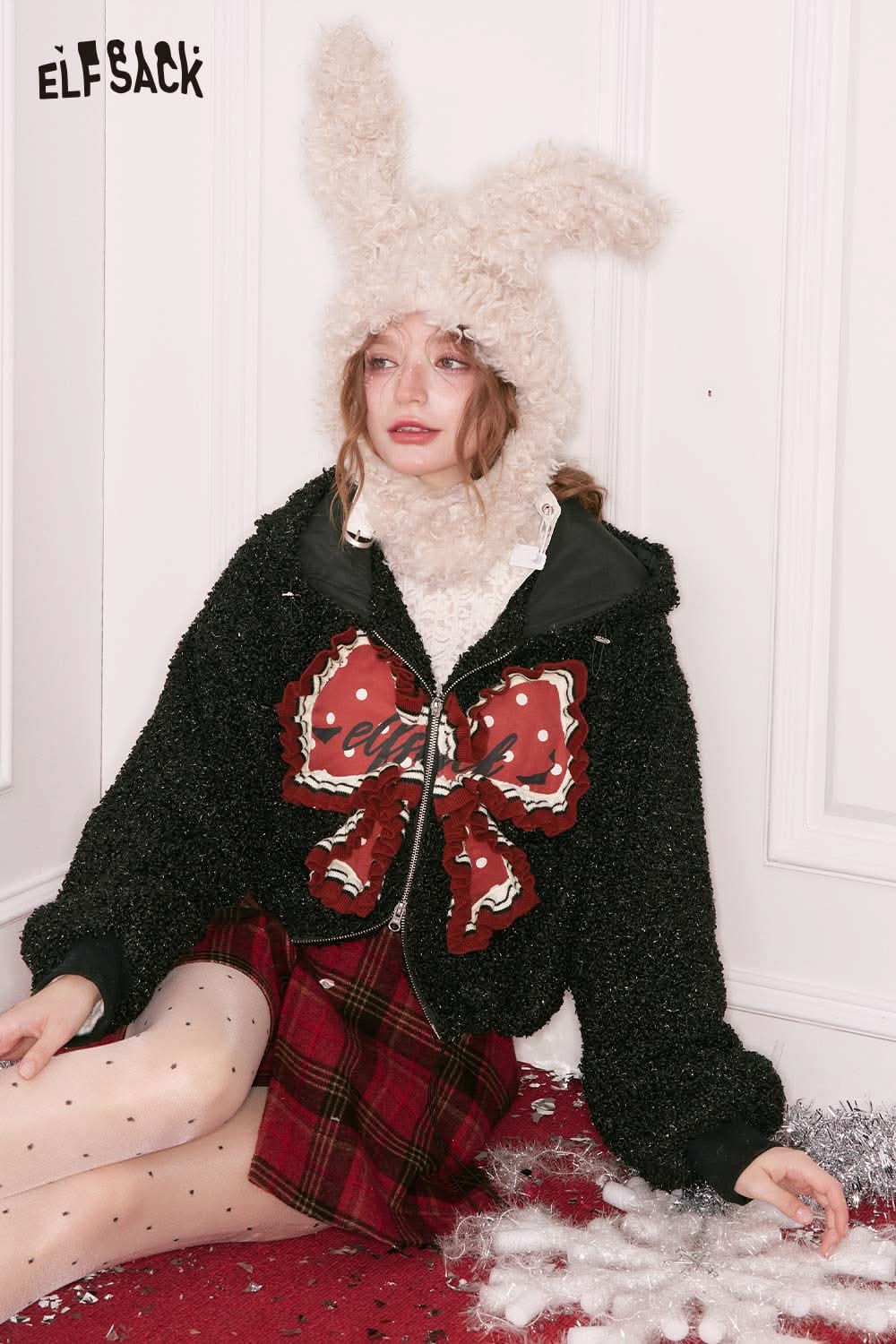 ELFSACK 3D bow glitter plush jacket with a soft texture and oversized fit for a cozy look