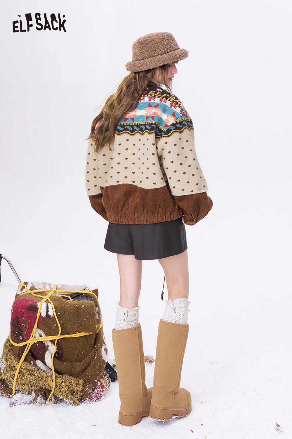 ELFSACK 3D dog graphic lapel coat featuring cozy textures and colorful patterns for stylish warmth