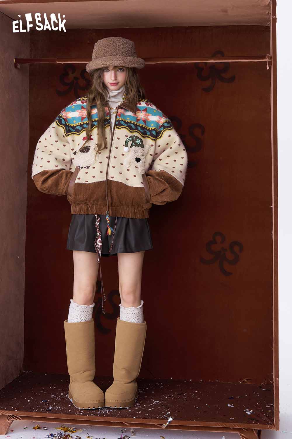 ELFSACK 3D dog graphic lapel coat with colorful designs and a cozy fit for a fashionable look