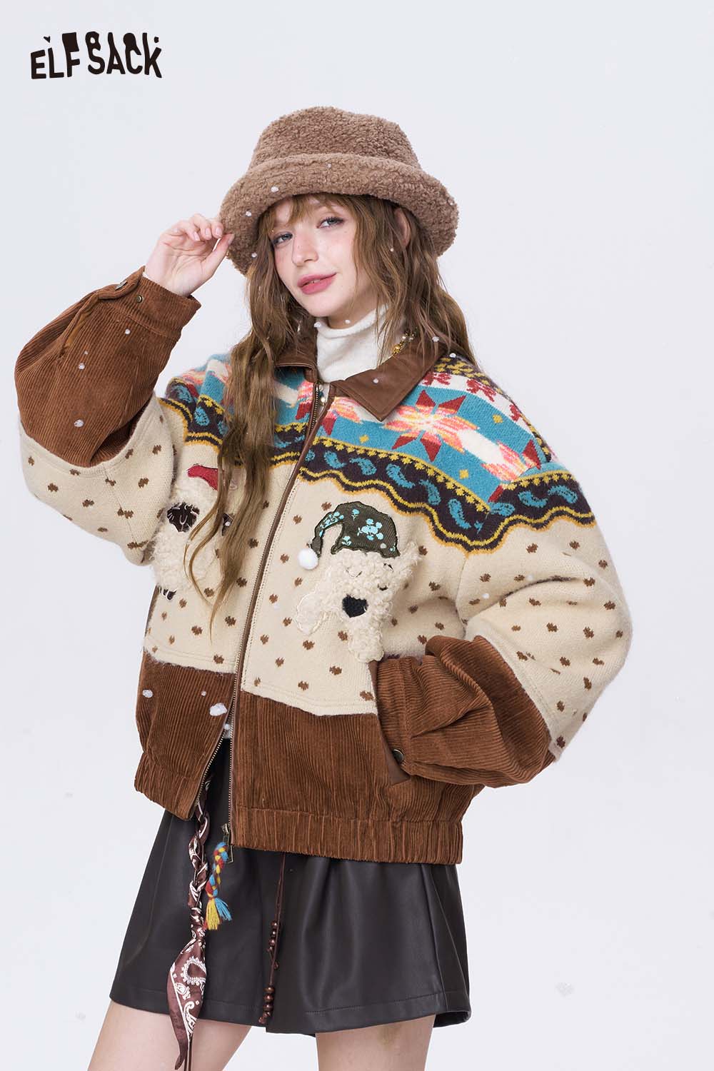 ELFSACK 3D dog graphic lapel coat with unique patterns and a cozy fit for stylish warmth