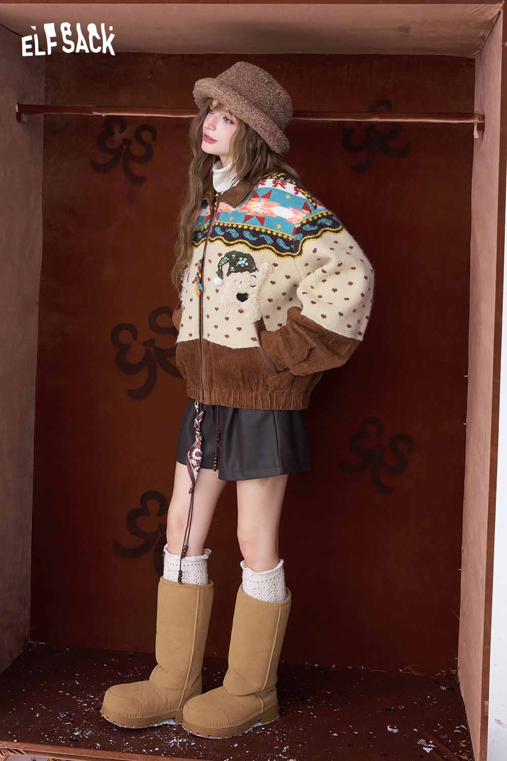 ELFSACK 3D dog graphic lapel coat featuring a cozy design ideal for winter fashion