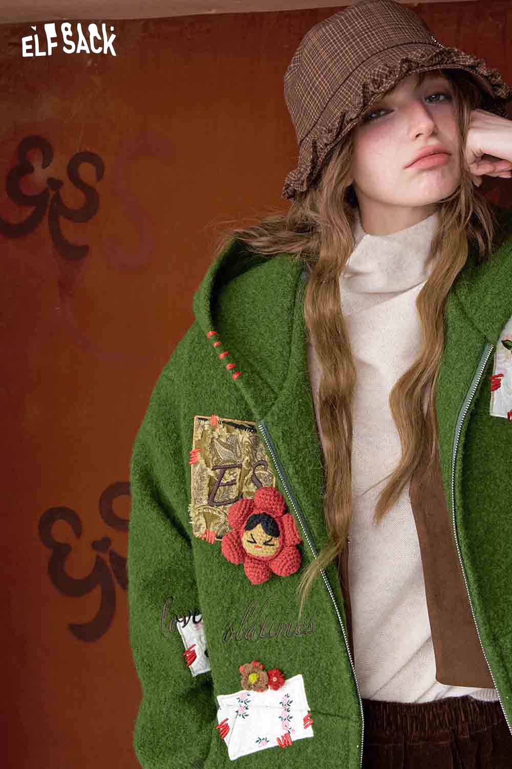 ELFSACK 3D embellished hooded coat for women in green with colorful patches and stylish design