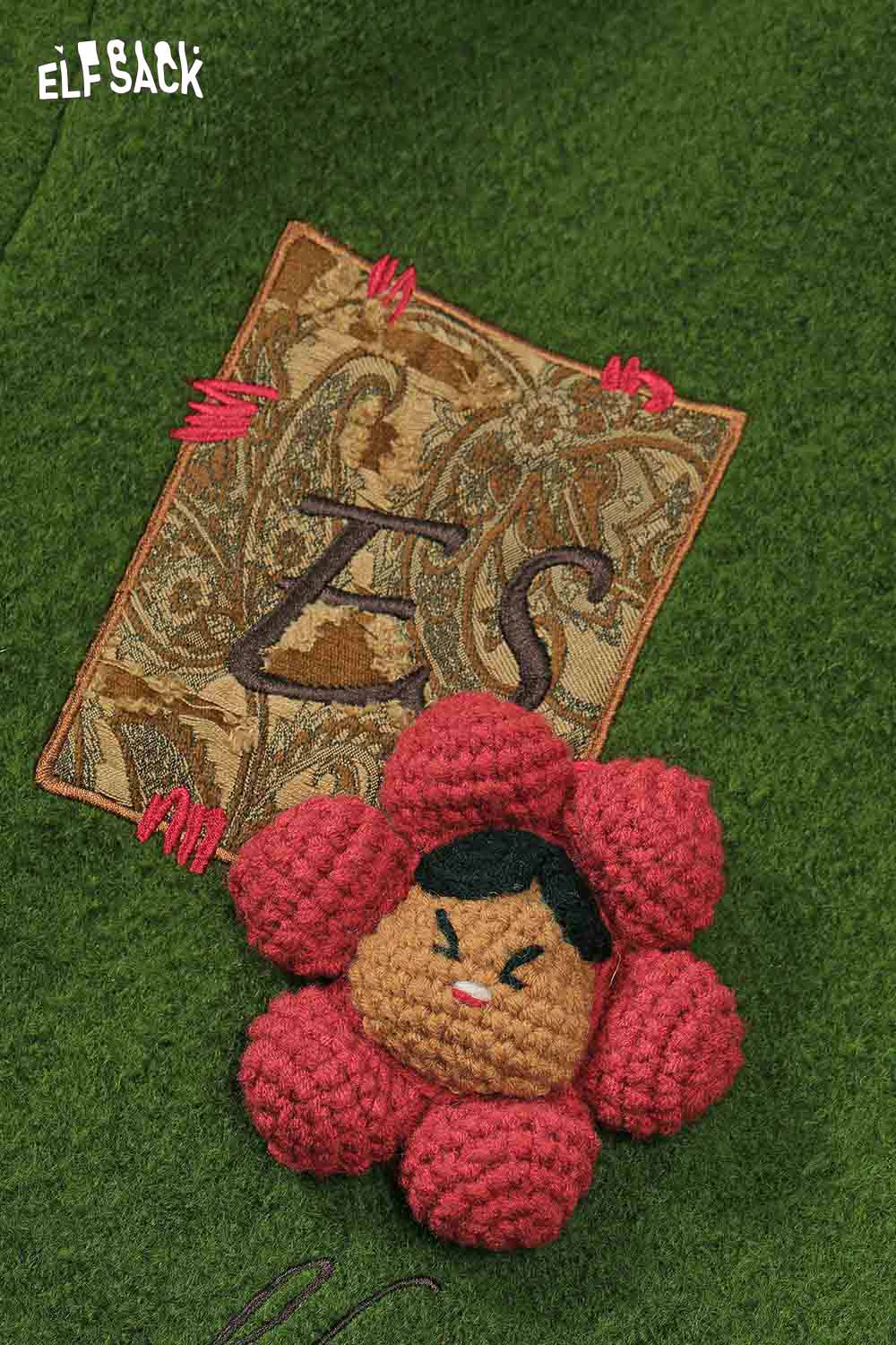 ELFSACK 3D embellished hooded coat for women featuring colorful floral embroidery on a green fabric