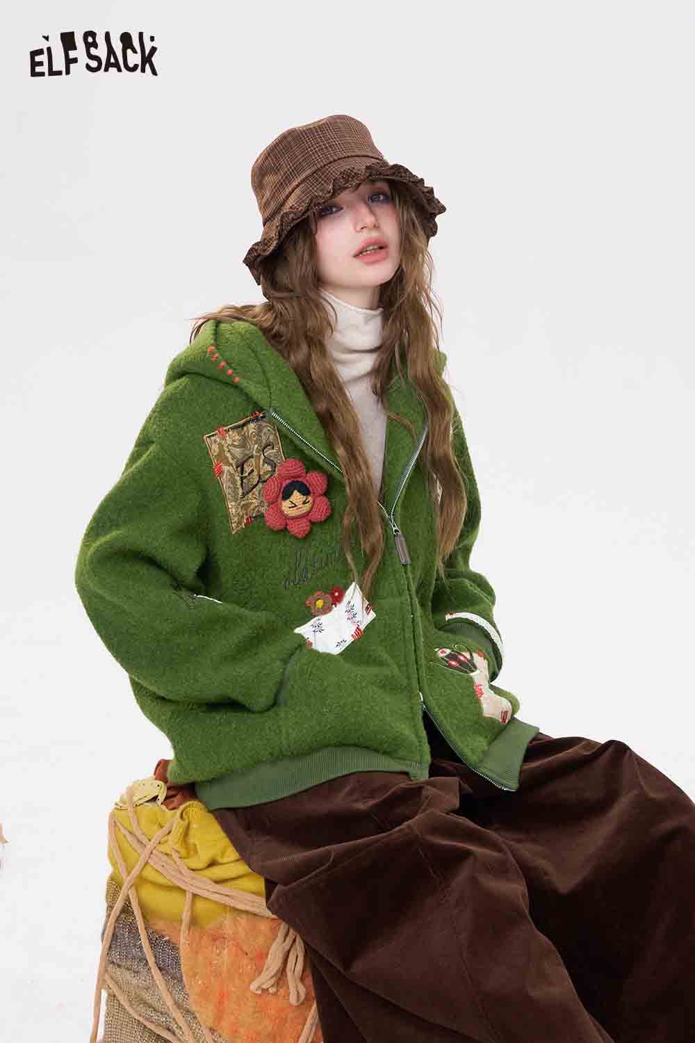 ELFSACK 3D embellished hooded coat for women in green with floral patches and casual style.