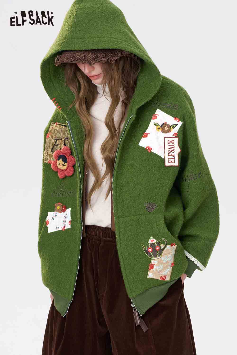 ELFSACK 3D embellished hooded coat for women in green with unique patterns and cozy design