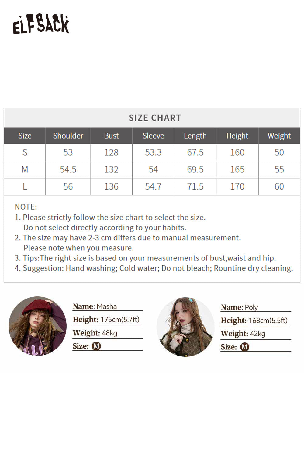 ELFSACK 3D embellished hooded coat for women showcasing a stylish design and detailed size chart