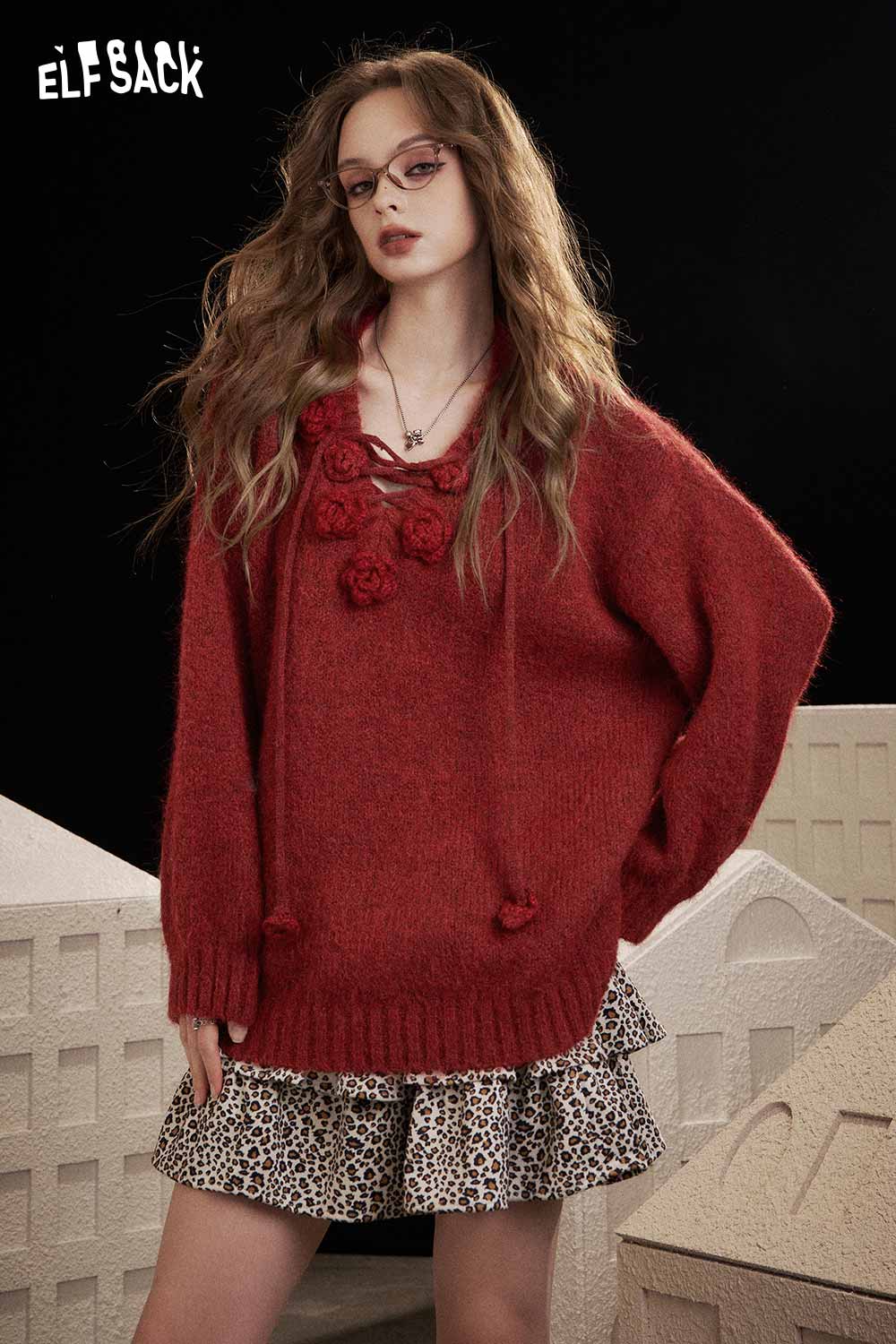 ELFSACK 3D floral embroidered sweater in red with a relaxed fit and lace-up neckline