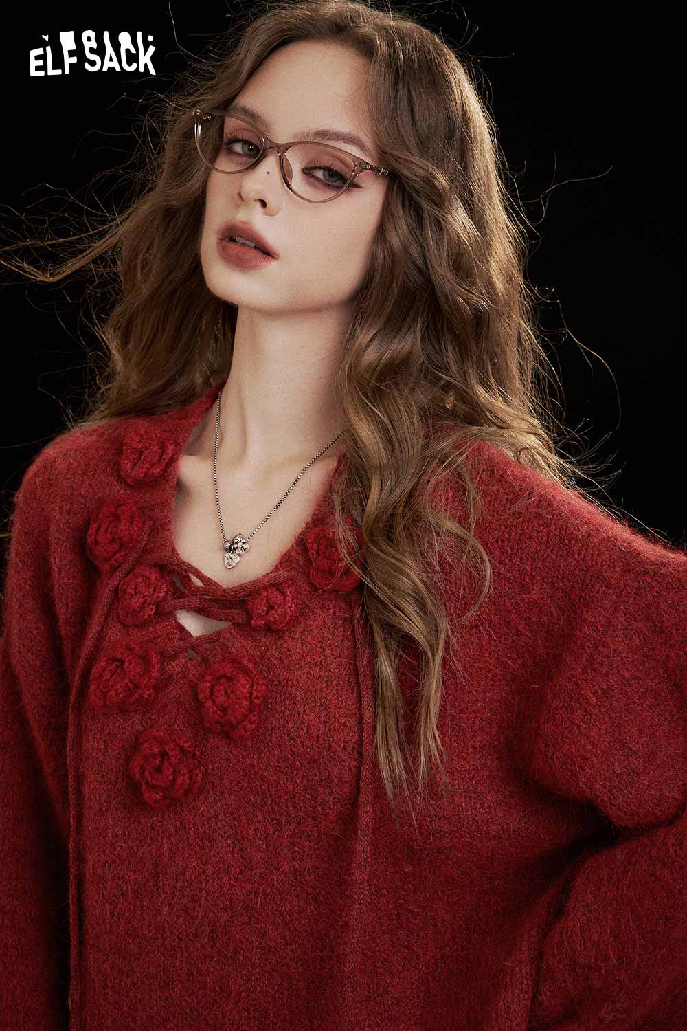ELFSACK 3D floral embroidered sweater in red featuring a unique flower design and cozy fit