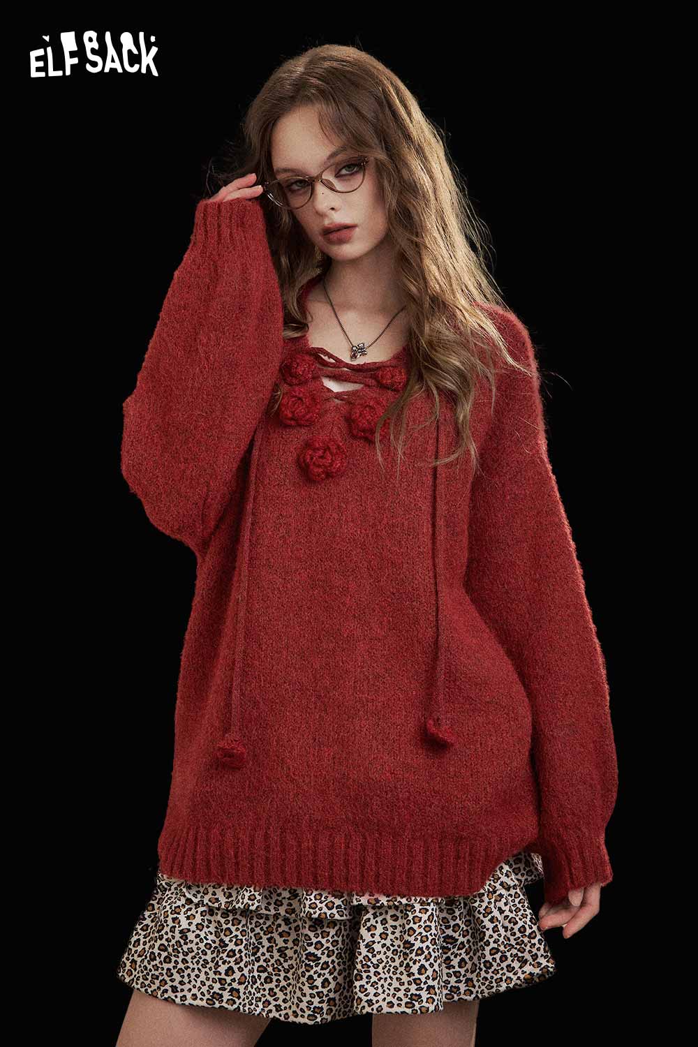 ELFSACK 3D floral embroidered sweater in red with soft texture and stylish design