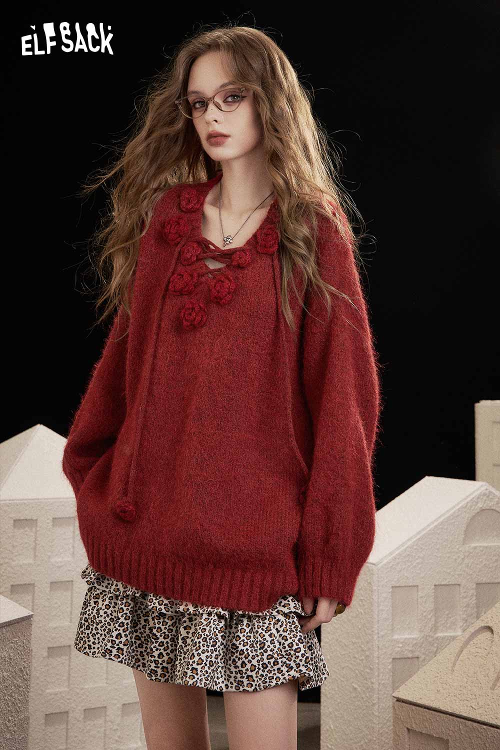 ELFSACK 3D floral embroidered sweater in deep red, featuring floral accents and a cozy oversized fit