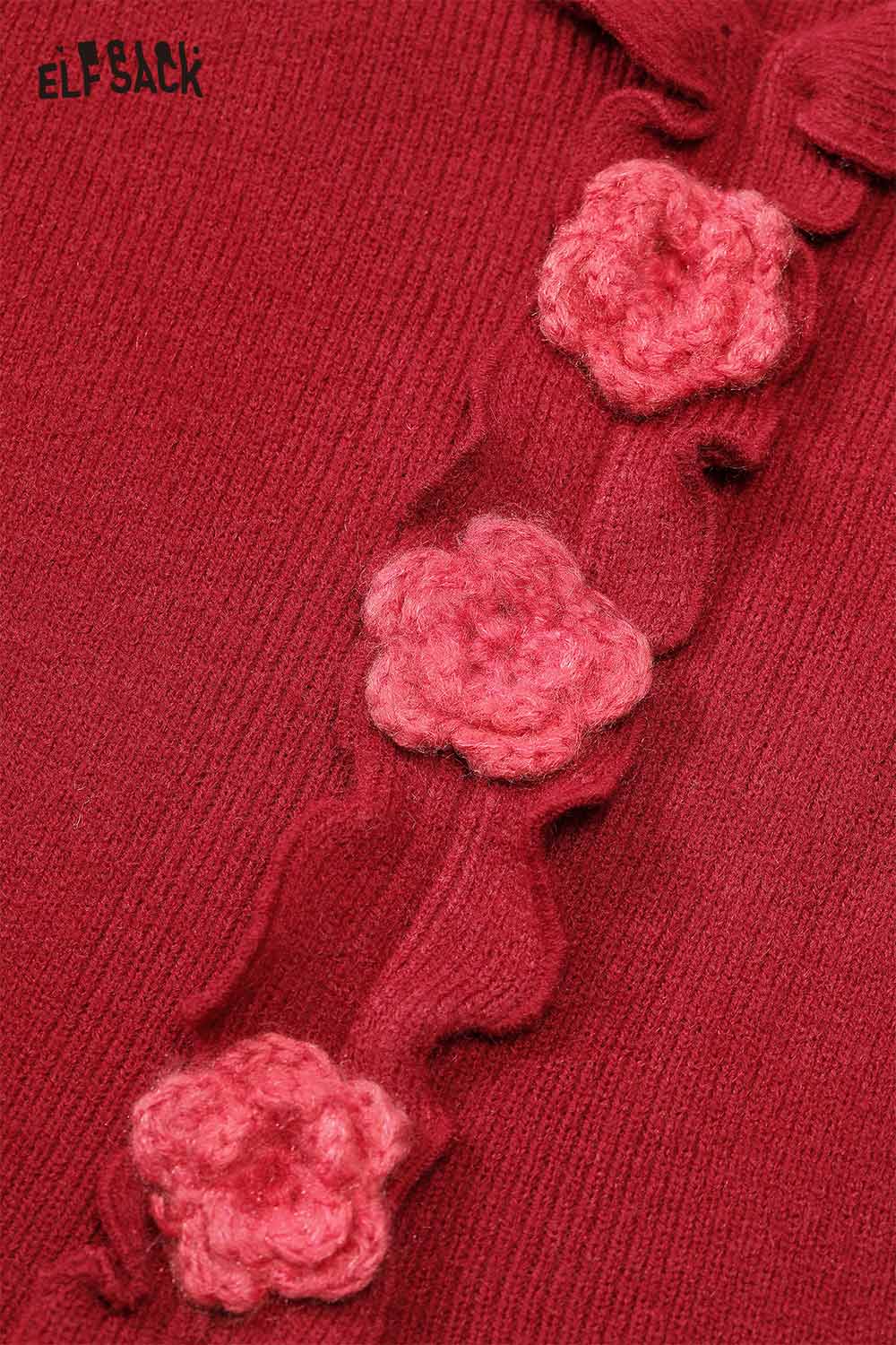 ELFSACK 3D flower knitwear for women in red featuring textured flowers and a stylish design