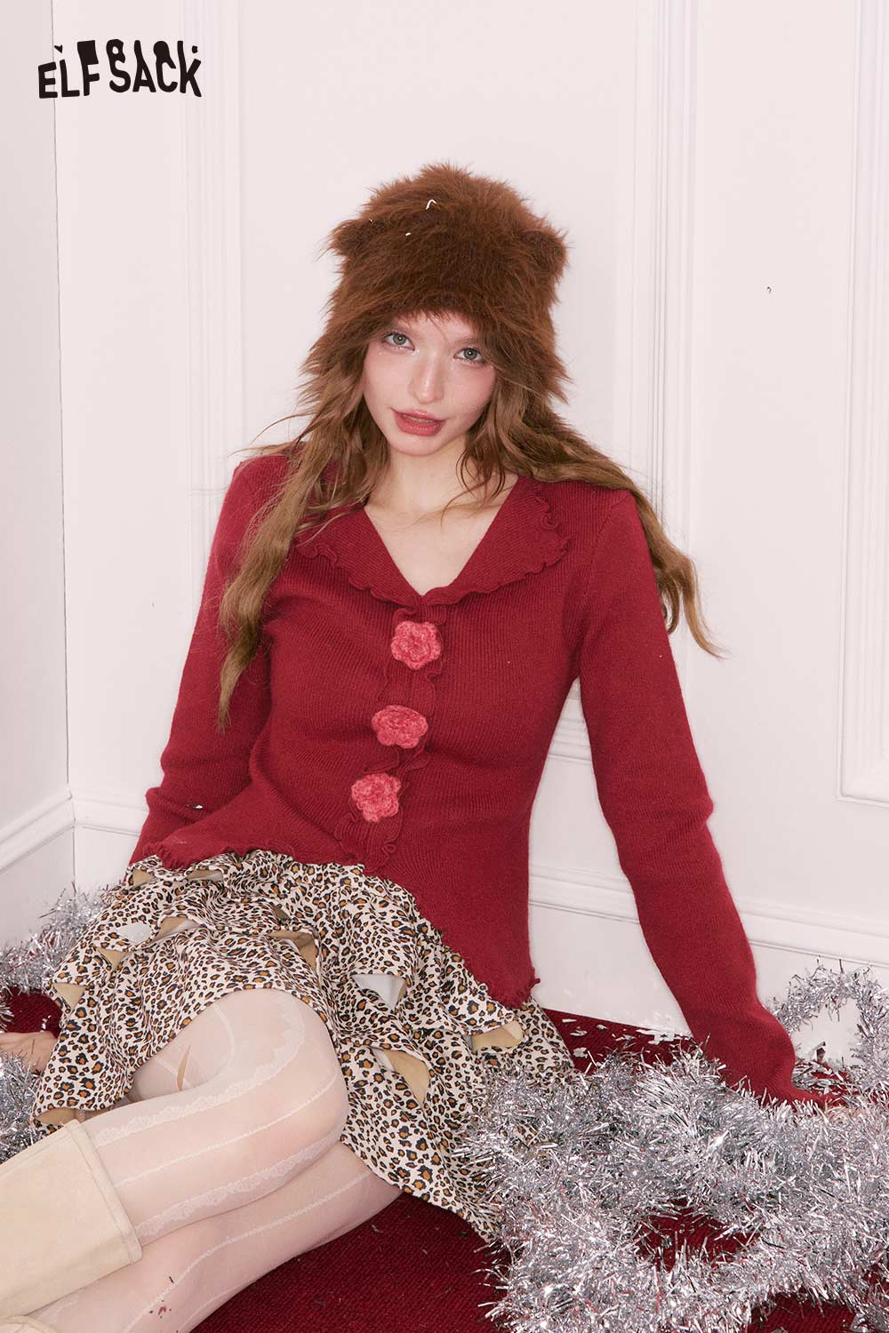 Red ELFSACK 3D flower knitwear for women featuring floral details and stylish design