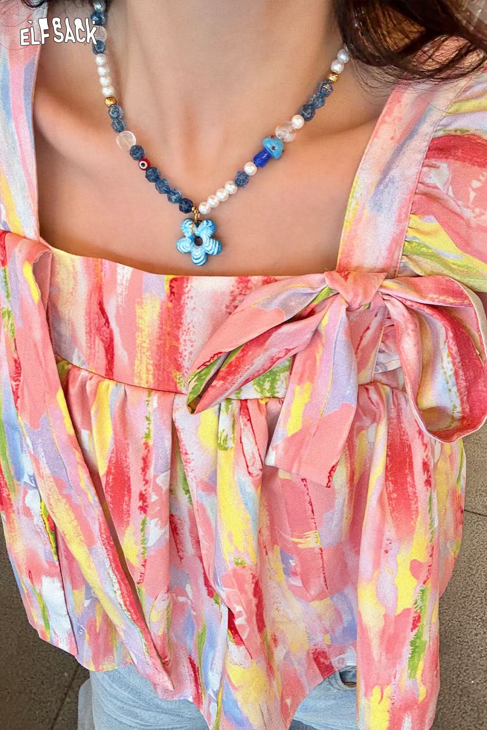 ELFSACK Dopamine Flower Pendant Beaded Necklace