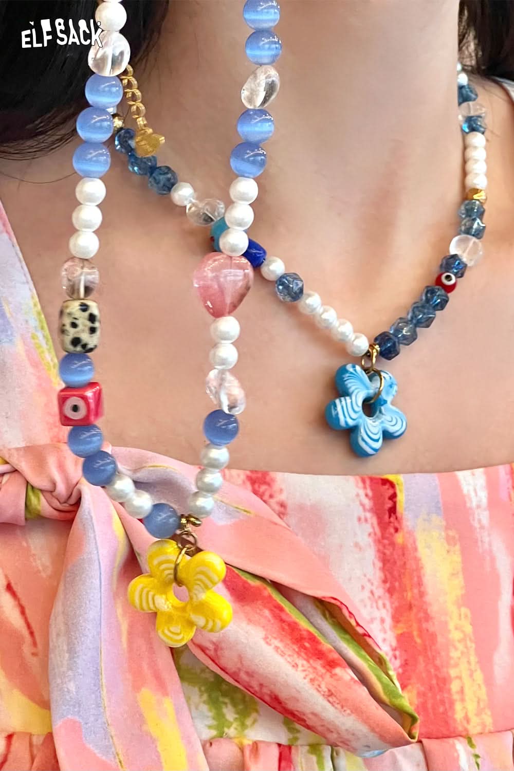 ELFSACK Dopamine Flower Pendant Beaded Necklace