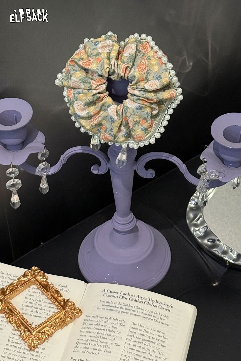 ELFSACK Oil Painting Champagne Rose Vintage French Large Intestine Hair Ring