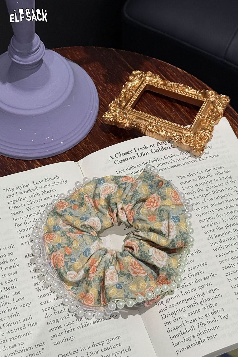 ELFSACK Oil Painting Champagne Rose Vintage French Large Intestine Hair Ring