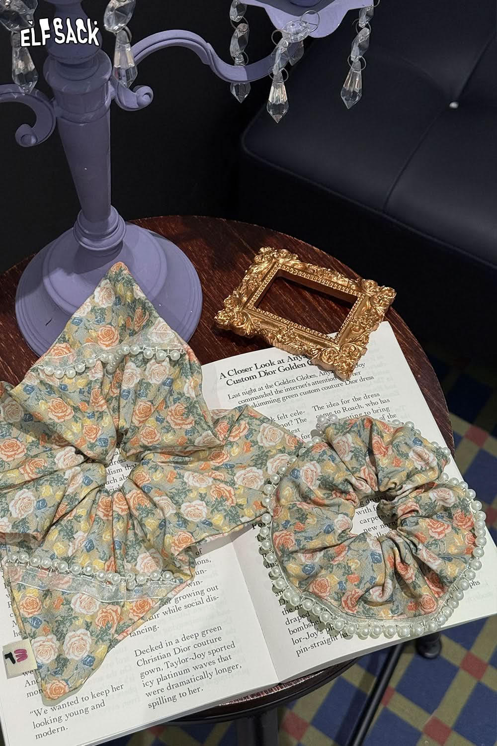 ELFSACK Oil Painting Champagne Rose Vintage French Large Intestine Hair Ring