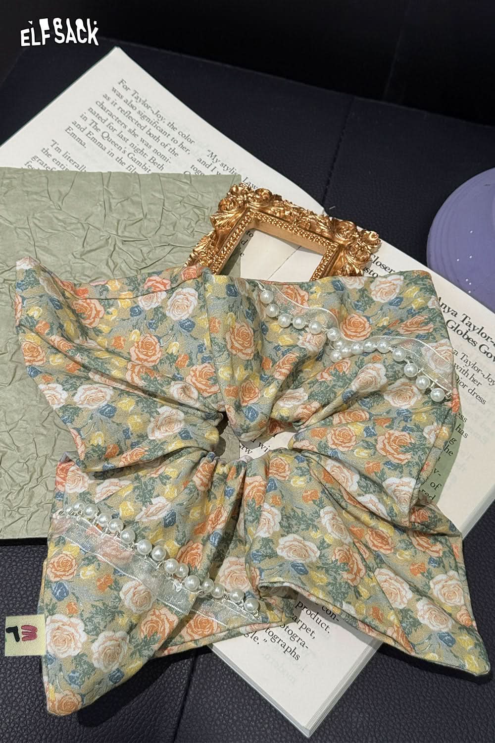 ELFSACK Oil Painting Champagne Rose Vintage French Large Intestine Hair Ring