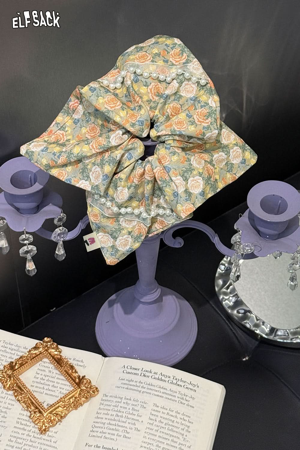 ELFSACK Oil Painting Champagne Rose Vintage French Large Intestine Hair Ring