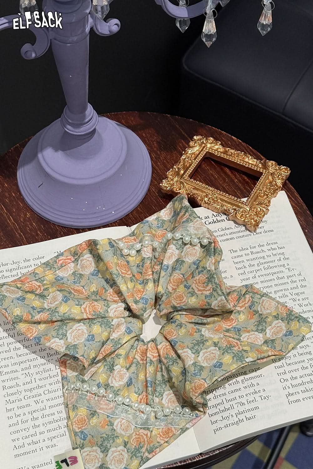 ELFSACK Oil Painting Champagne Rose Vintage French Large Intestine Hair Ring