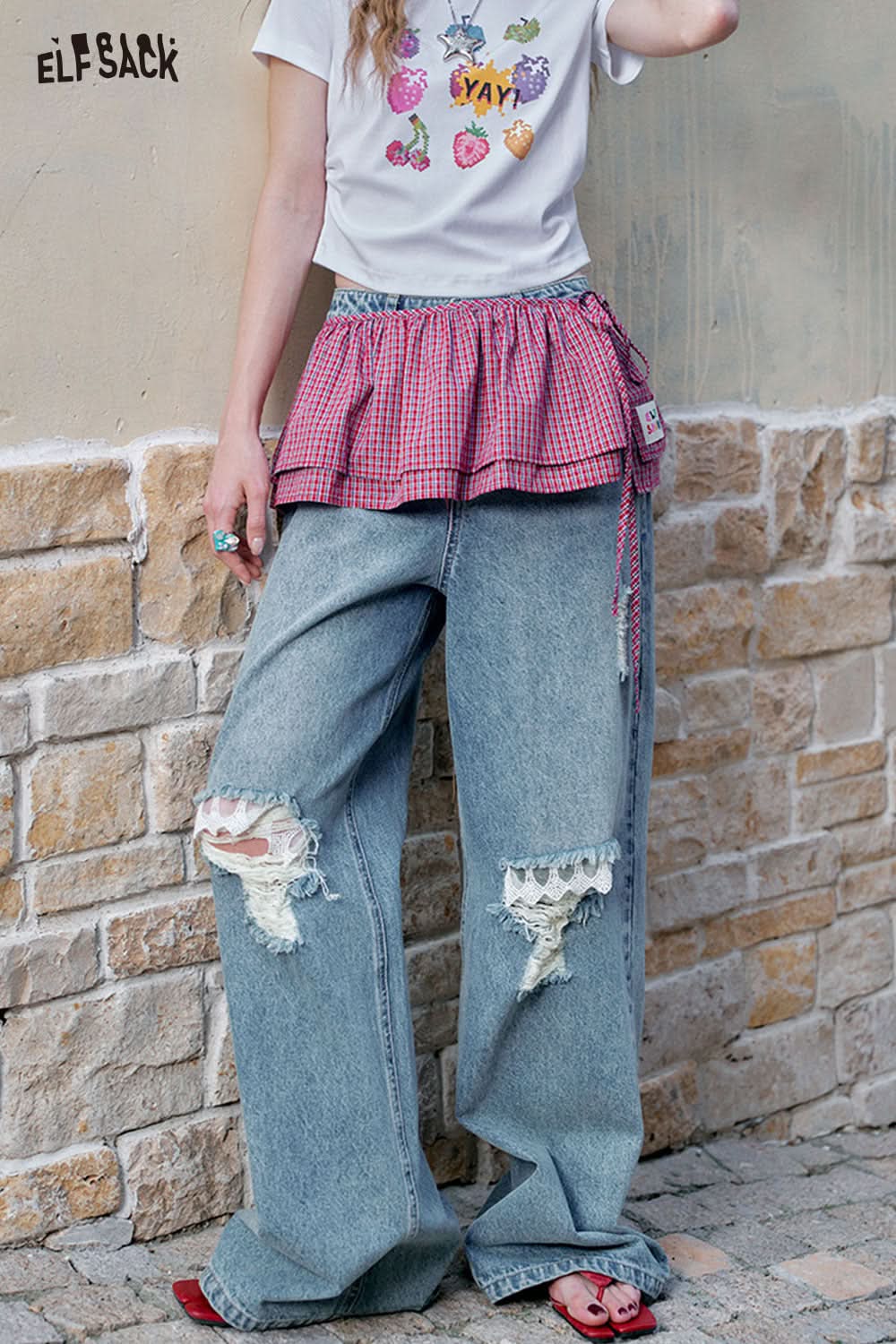 ELFSACK Plaid Tie Detachable Waist Frill