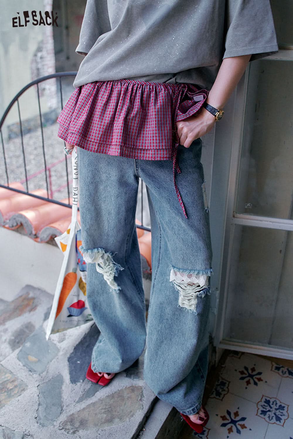 ELFSACK Plaid Tie Detachable Waist Frill