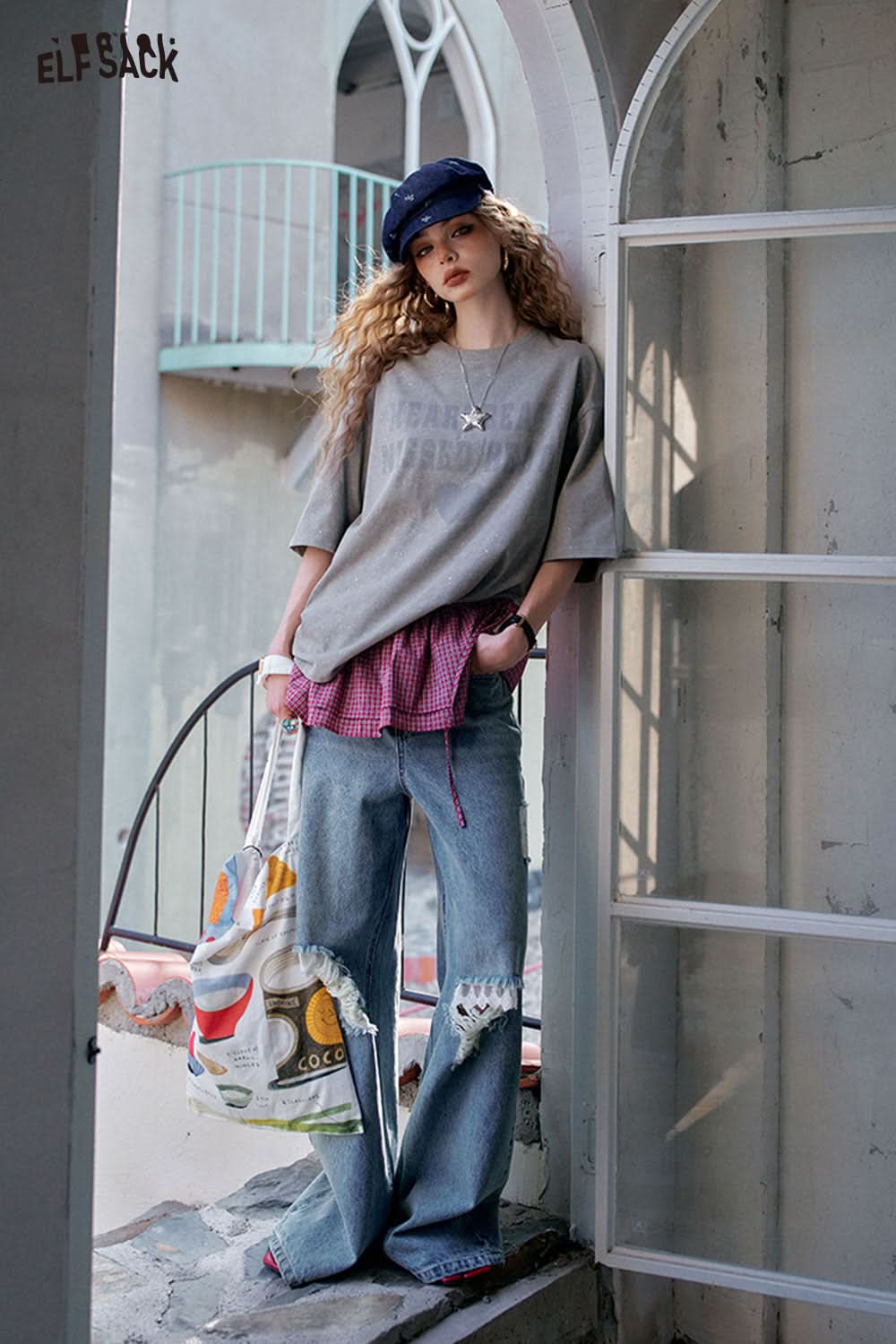 ELFSACK Plaid Tie Detachable Waist Frill