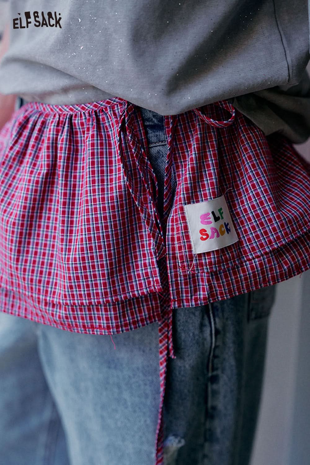 ELFSACK Plaid Tie Detachable Waist Frill