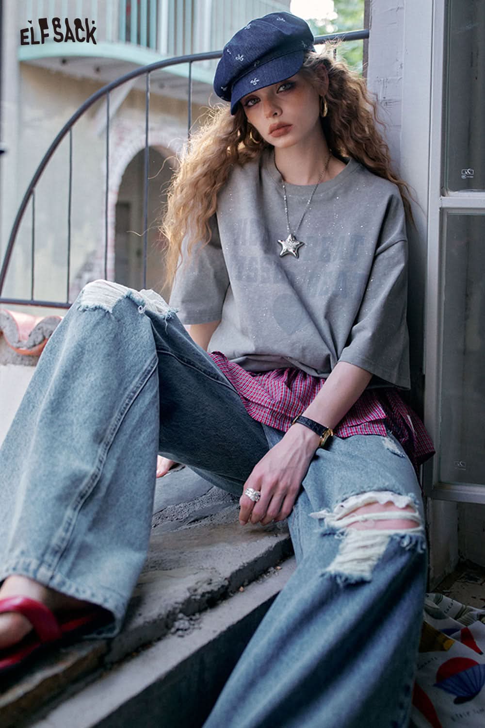 ELFSACK Plaid Tie Detachable Waist Frill