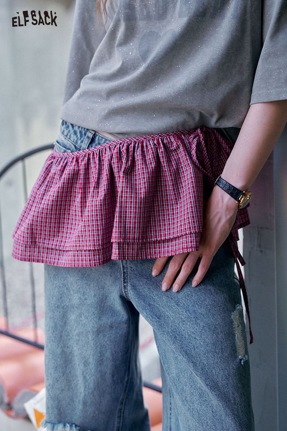 ELFSACK Plaid Tie Detachable Waist Frill