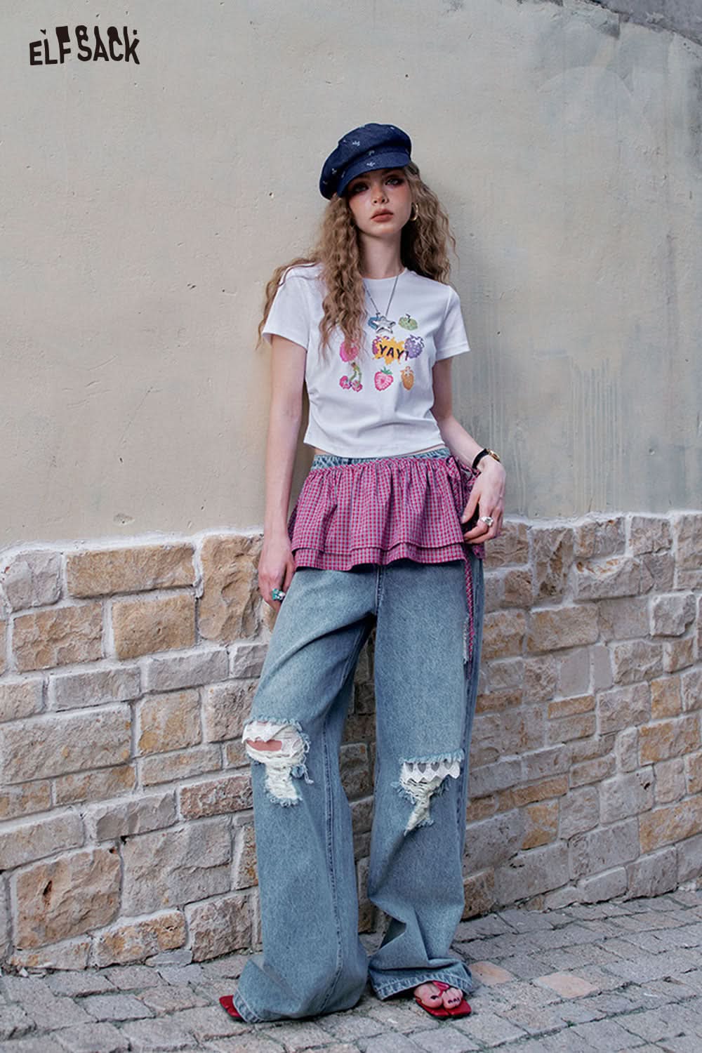 ELFSACK Plaid Tie Detachable Waist Frill