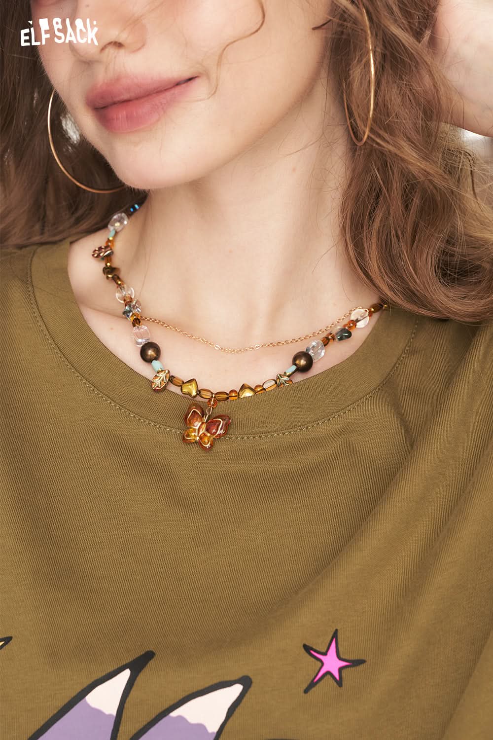 ELFSACK Vintage Double Layer Butterfly Pendant Necklace