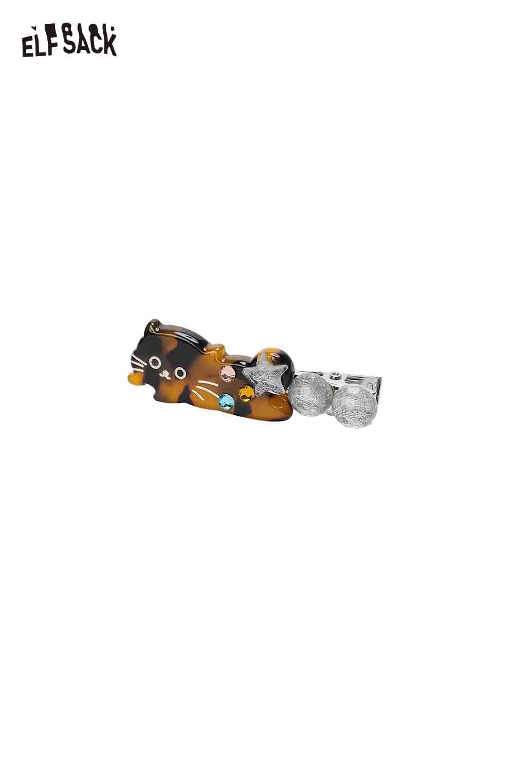 Cute ELFSACK acetate kitten hairpin featuring a playful cat design and sparkly embellishments