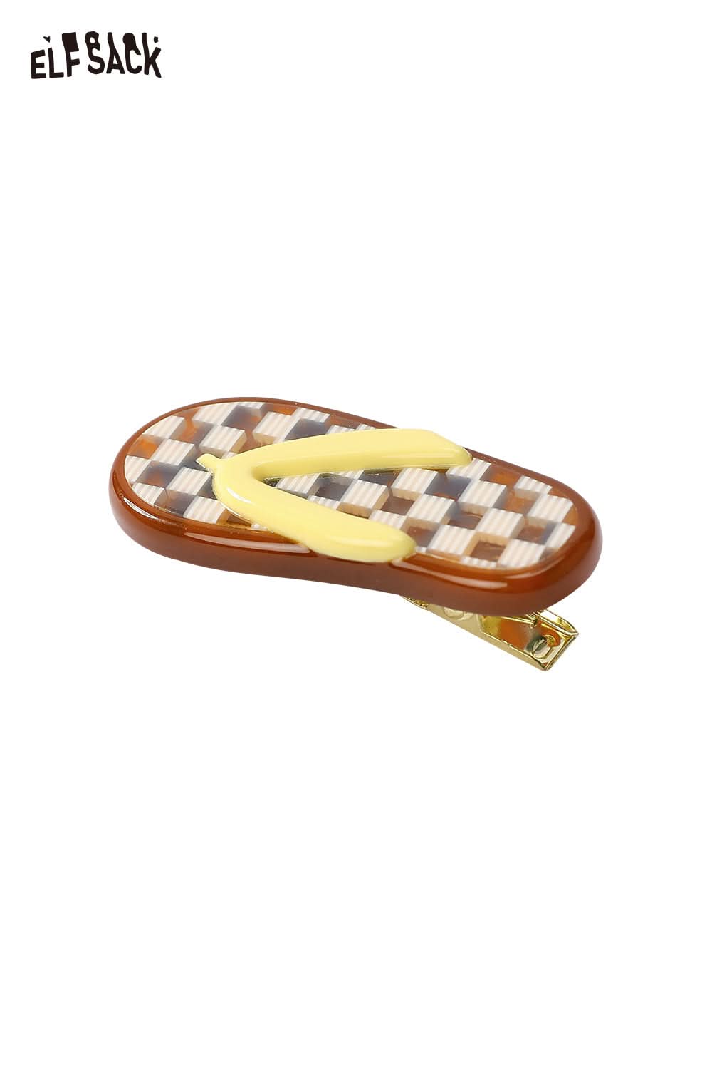 ELFSACK korean cute hair clip flip flop design brown woven checkerboard pattern with yellow strap