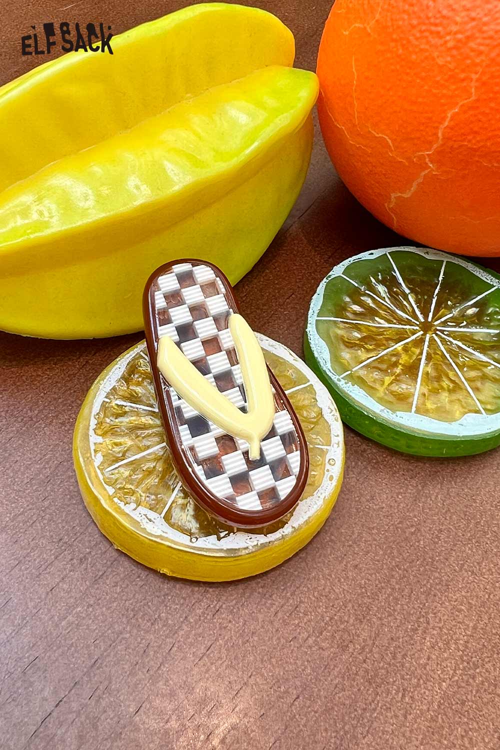 ELFSACK korean cute hair clip flip flop style yellow strap checkered brown white base on citrus props