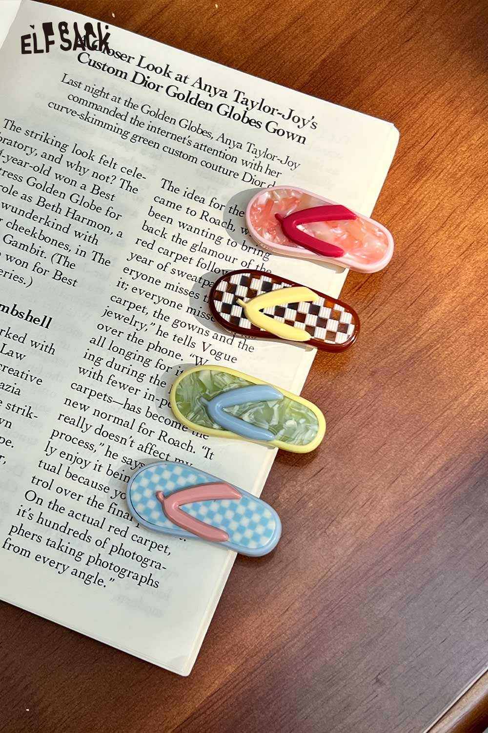 ELFSACK set of four korean cute hair clip styles in pastel checkerboard marble and gingham patterns on wood