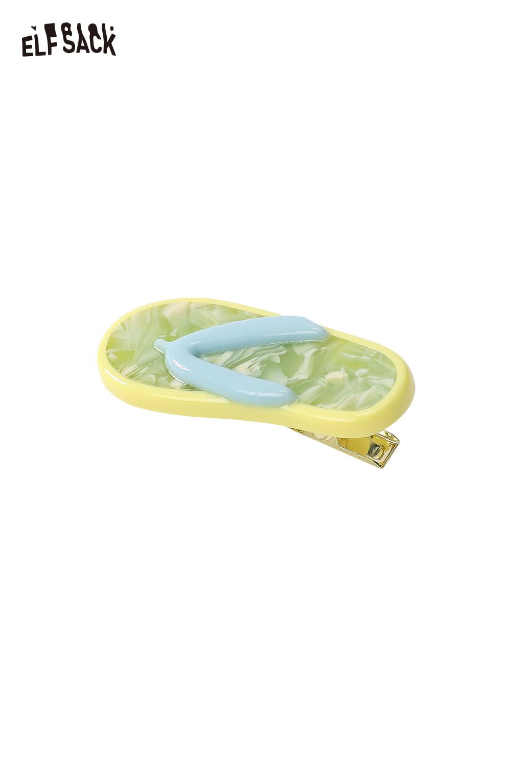 ELFSACK korean cute hair clip pastel yellow flip flop style with green marbled inlay blue strap and gold clasp