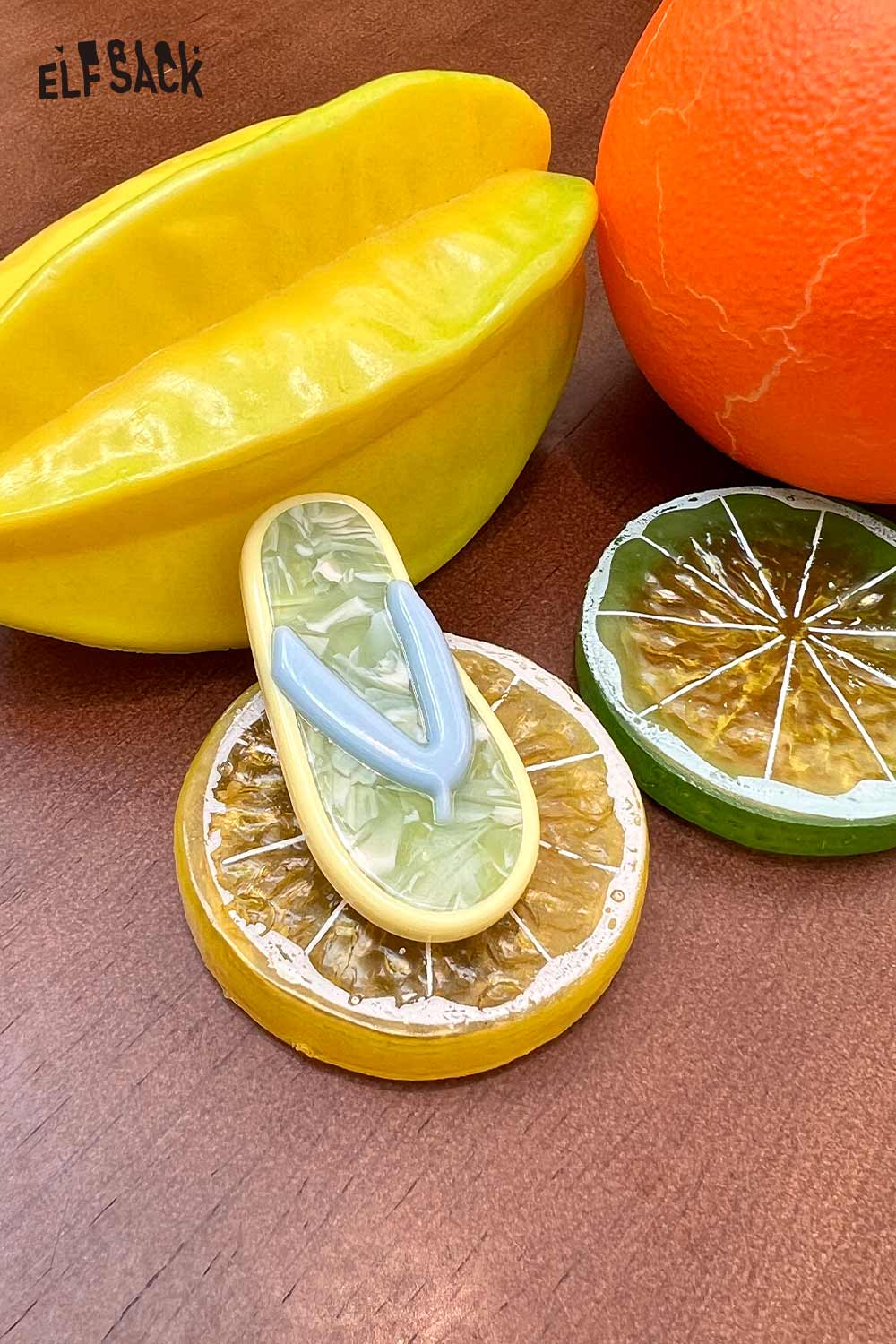 ELFSACK korean cute hair clip pastel flip flop shaped resin barrette with blue strap on citrus props