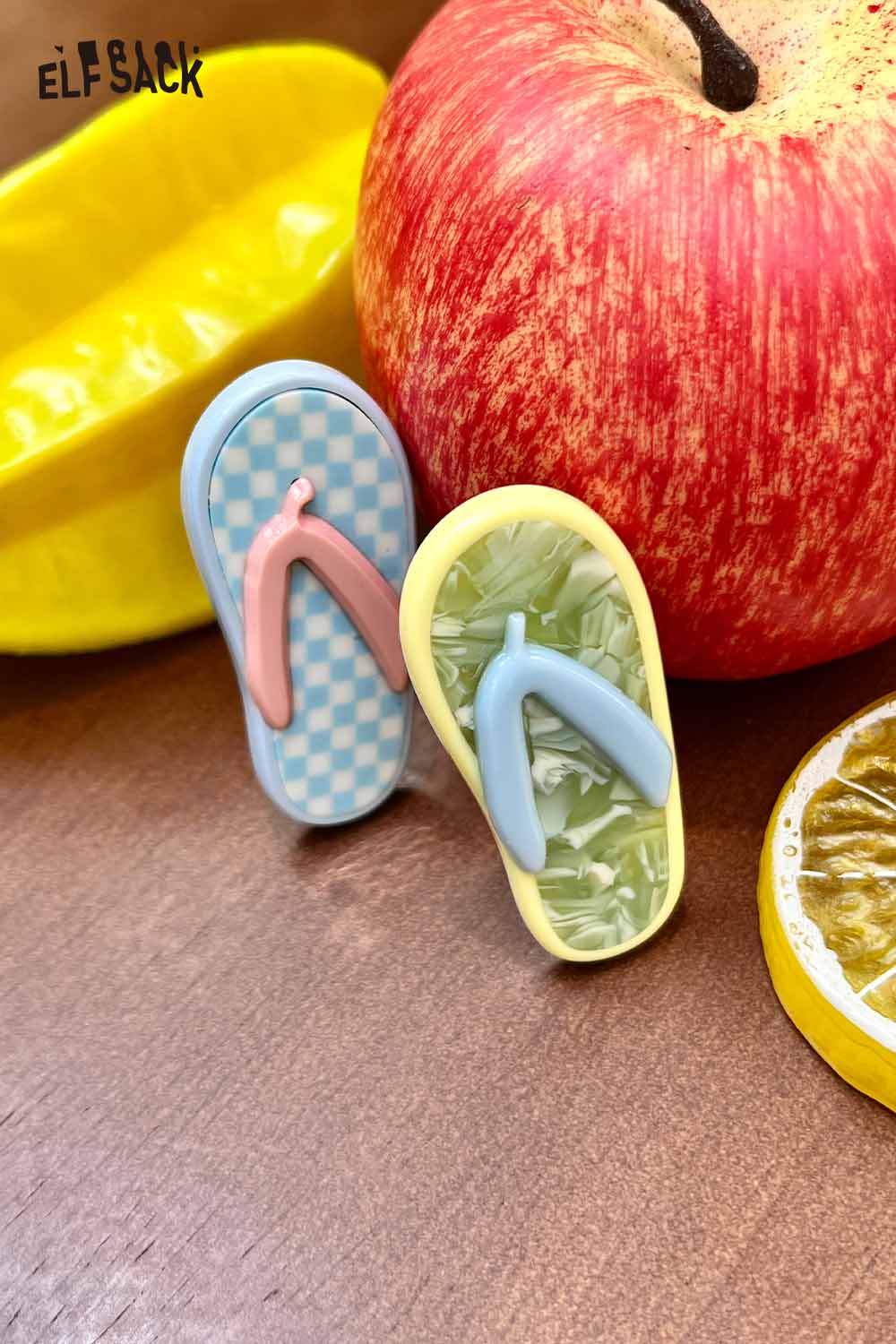 ELFSACK korean cute hair clip pair shaped like pastel flip flops in blue check and yellow marbled