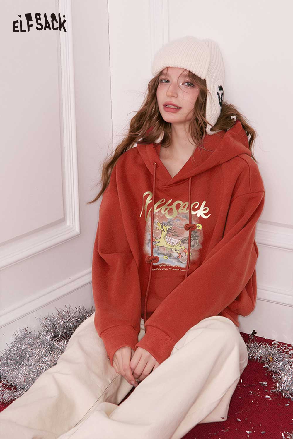 ELFSACK animal cartoon hooded sweatshirt in brick red with a playful graphic design and relaxed fit
