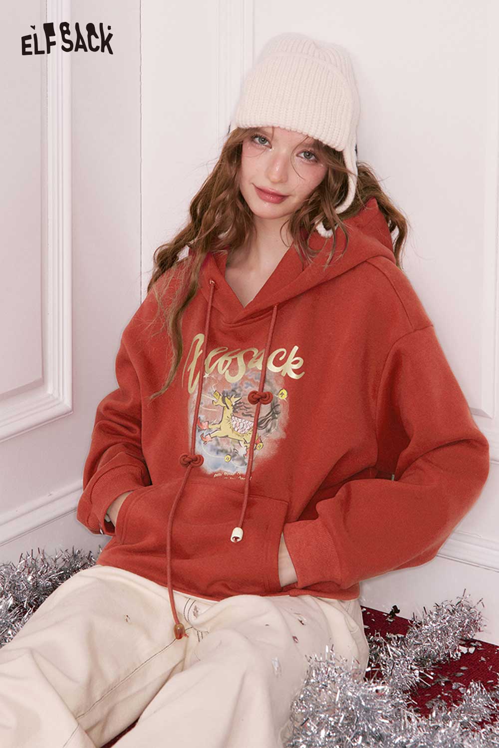 ELFSACK animal cartoon hooded sweatshirt in rust color with graphic design, perfect for casual wear