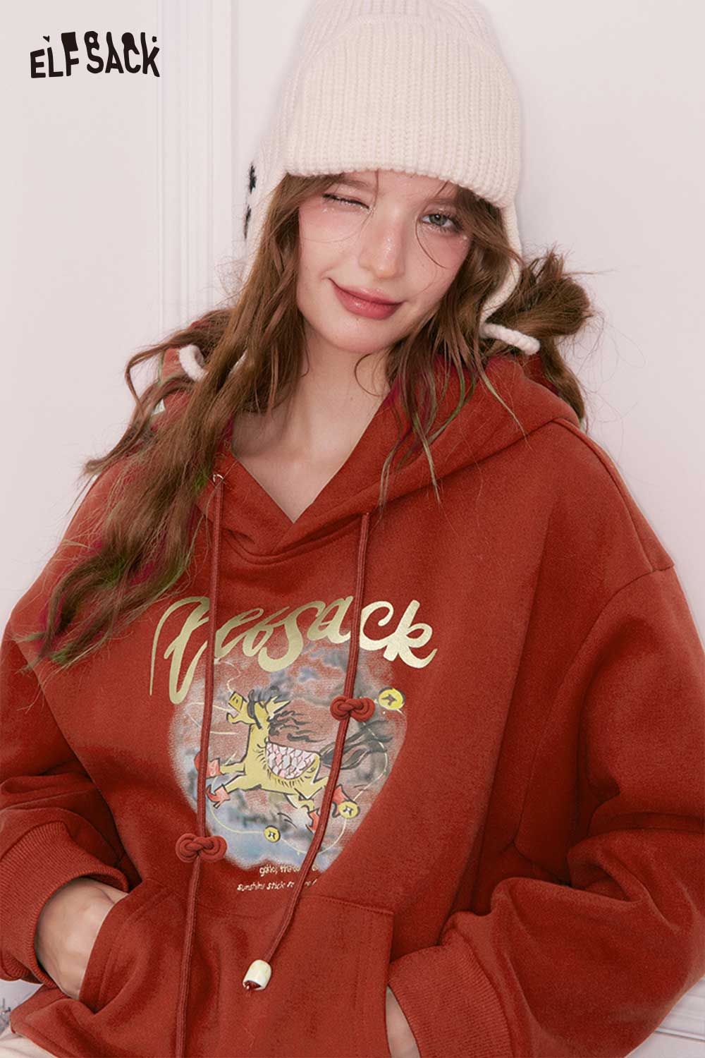 ELFSACK animal cartoon hooded sweatshirt in rust color with fun graphic design for cozy style