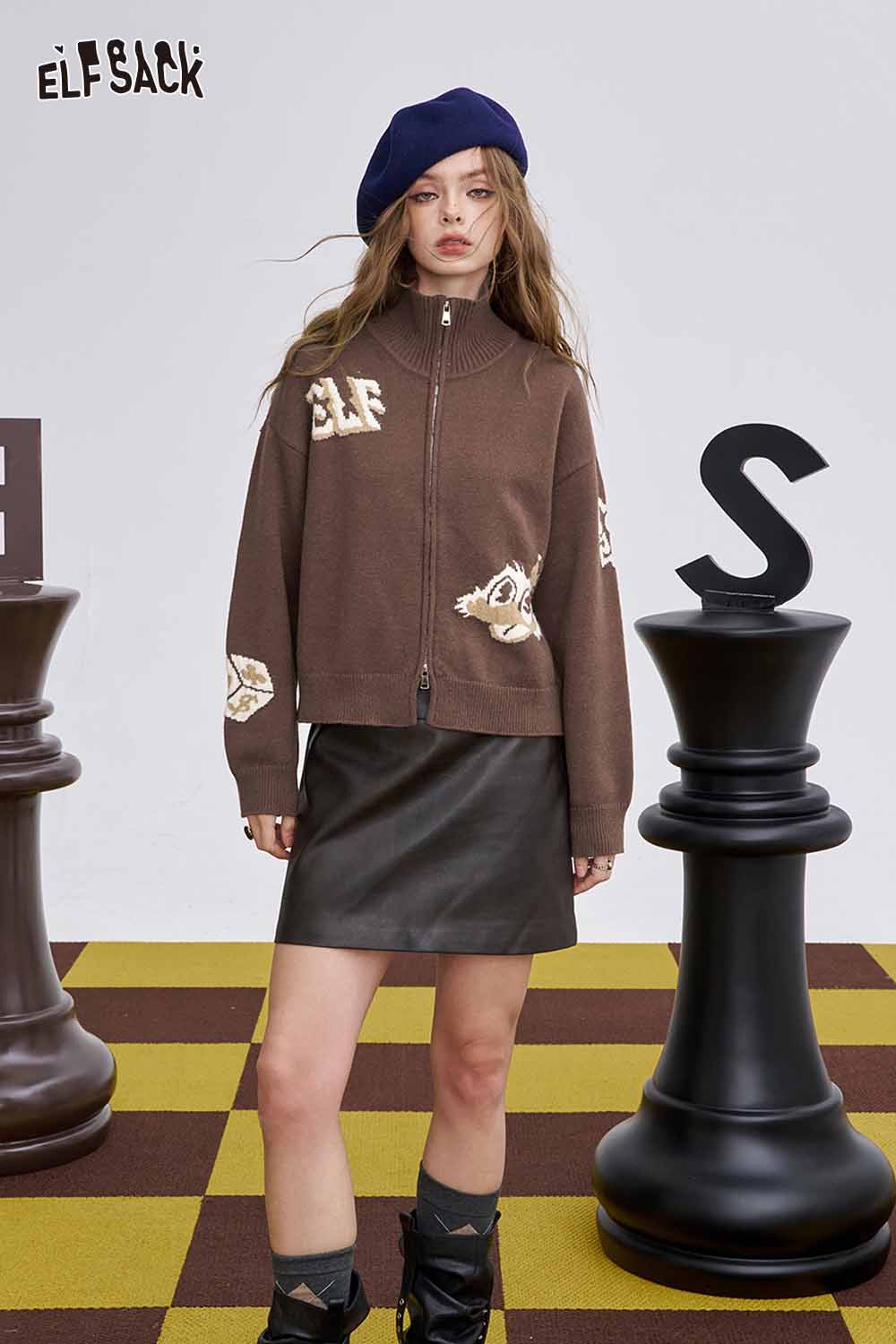 ELFSACK animal graphic cropped knit sweater in brown, styled with a black leather skirt and beret