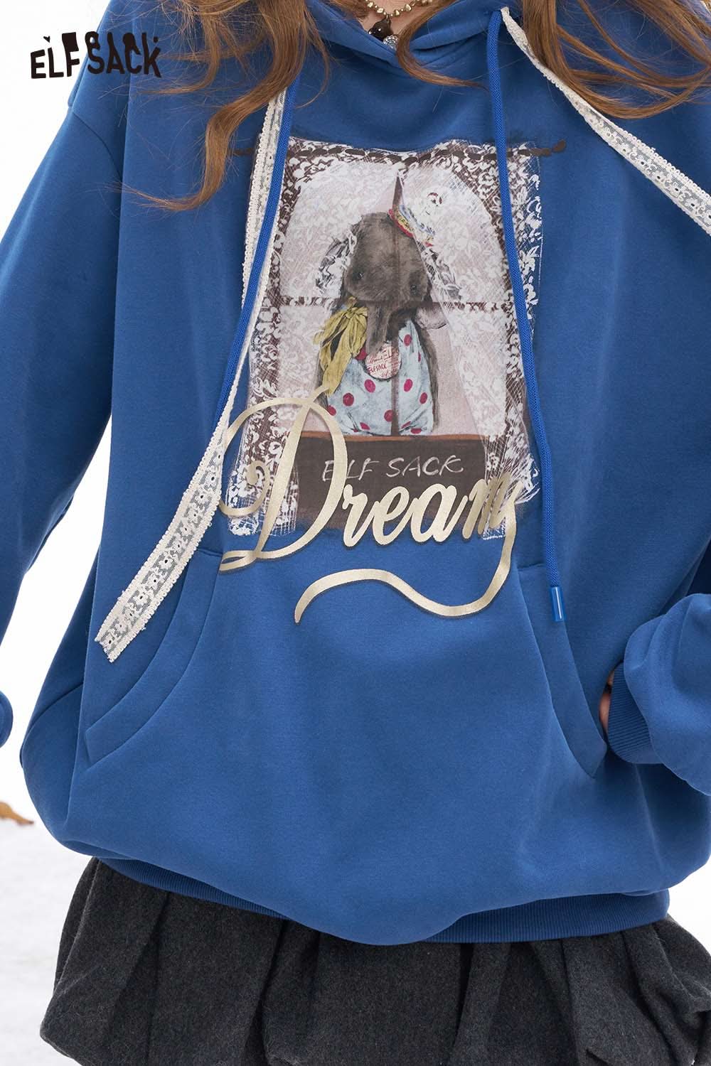 ELFSACK animal graphic lace hooded sweatshirt in blue with a playful design and vibrant colors