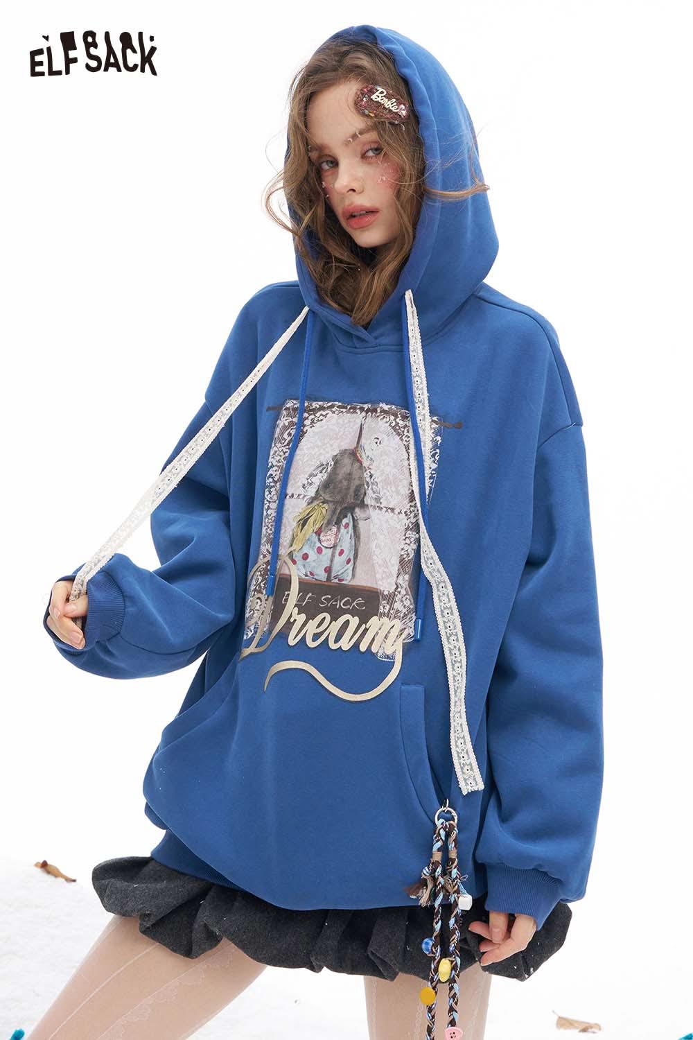 ELFSACK animal graphic lace hooded sweatshirt in blue featuring a unique dream design and adjustable drawstrings