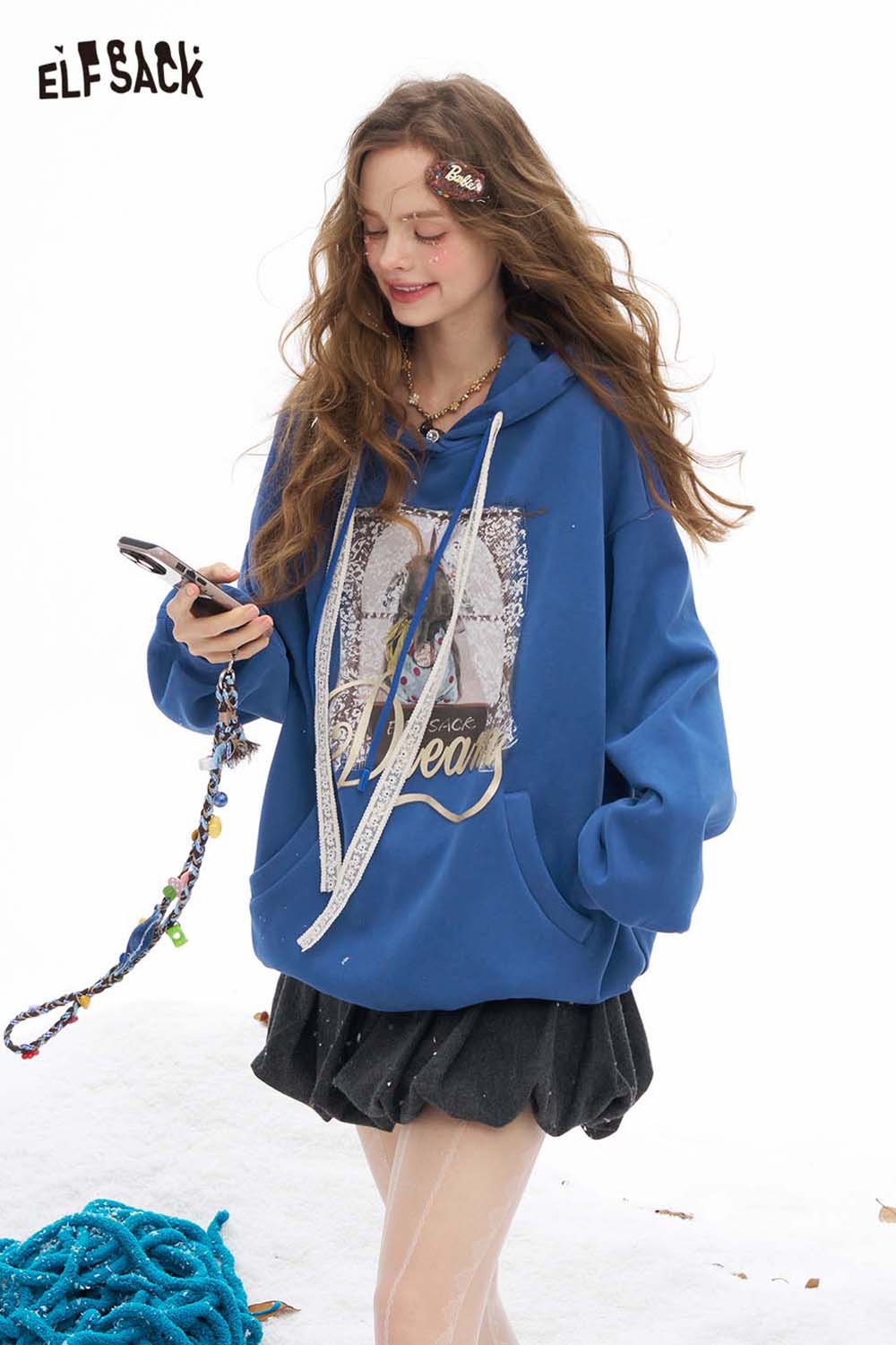 ELFSACK animal graphic lace hooded sweatshirt in blue featuring a vibrant design and oversized fit