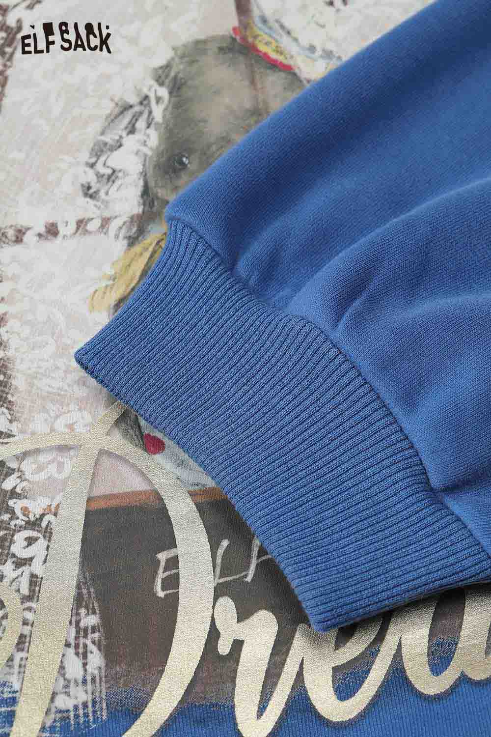 ELFSACK animal graphic lace hooded sweatshirt in blue with ribbed cuff design